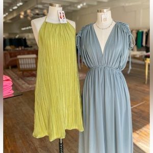 Green pleated plisse halter mini dress. Size medium.